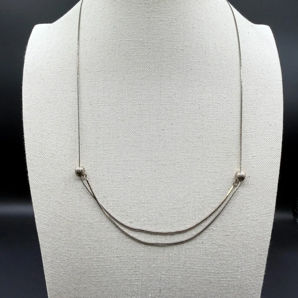 Silver Tone Double Strand Snake Chain Necklace Ribbed Beads Minimalist Gift